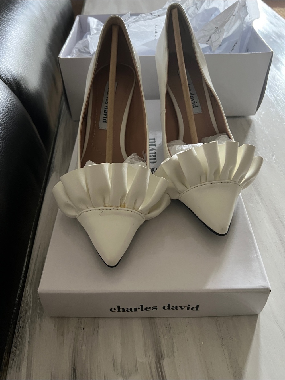 Charles David Cream Ruffle Pointed-Toe Pumps